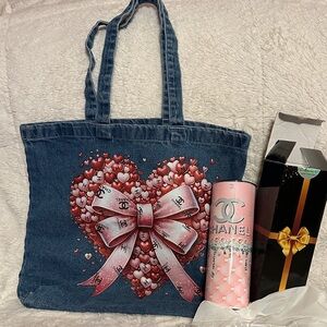 Fashion Bundle Denim Tote Bag with Pink Heart Design and Pink Tumbler